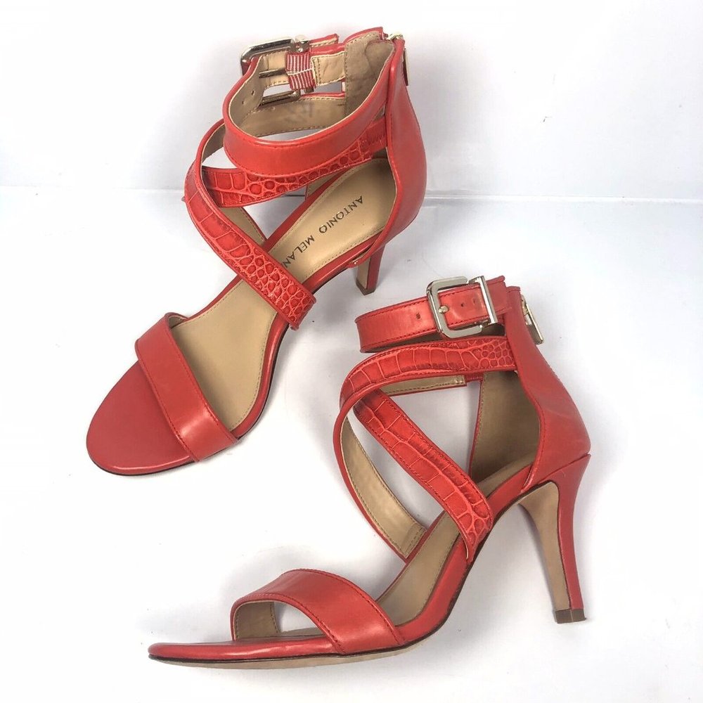 ANTONIO MELANI Red Orange Strappy Shoes - Zip Back Buckle Kitten Heel - Size 8